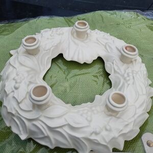 Five Hole Candle Holder White Ceramic Christmas Wreath Shaped  11"